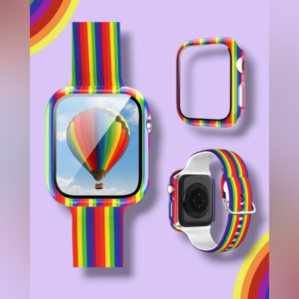Rainbow Strap Face Plate Case Set For Apple Watch Version 6 5 4 SE 44mm NIOB NEW
